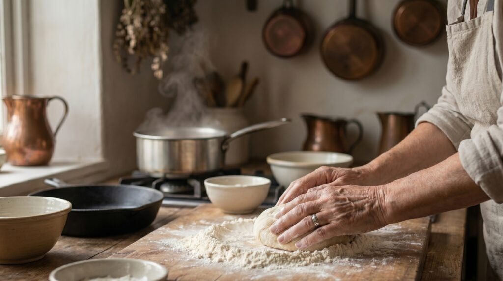 Close-up of a person's hands kneading dough on a floured wooden cutting board in a rustic kitchen, with copper pots, a steaming saucepan, and ceramic bowls blurred in the background.