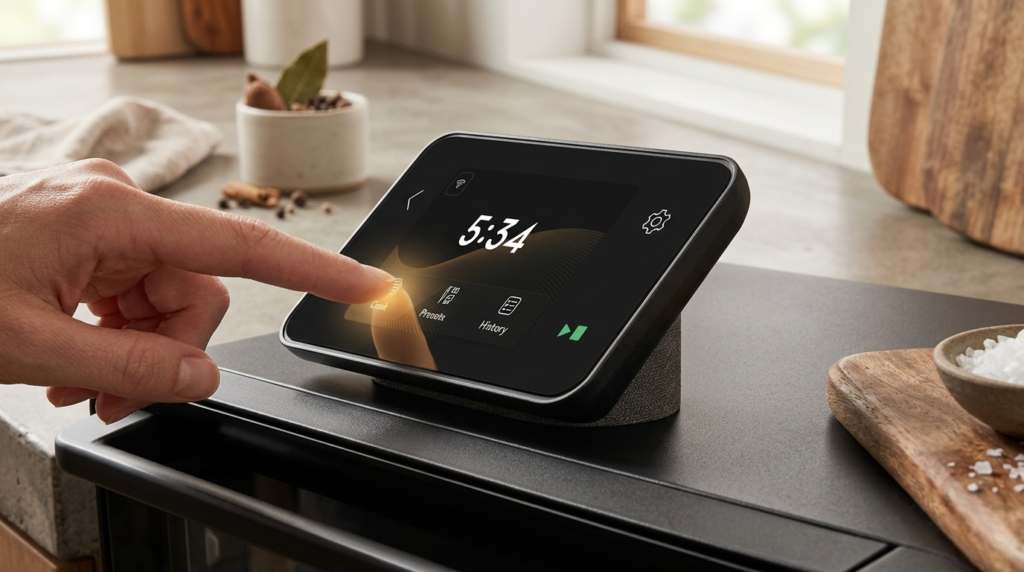 Close-up of CHEF iQ MiniOven smart touchscreen controls.