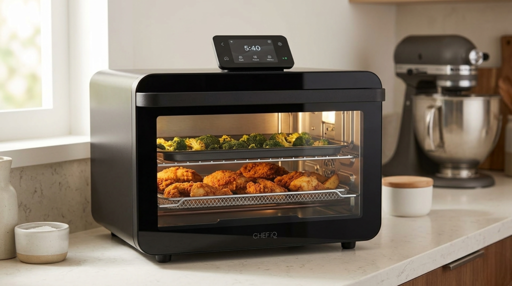 CHEF iQ MiniOven air frying crispy food on tray.