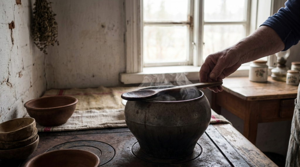 Cooking as cultural memory — worn wooden spoon resting on a steaming pot, a hand reaching toward it in soft diffused kitchen light.