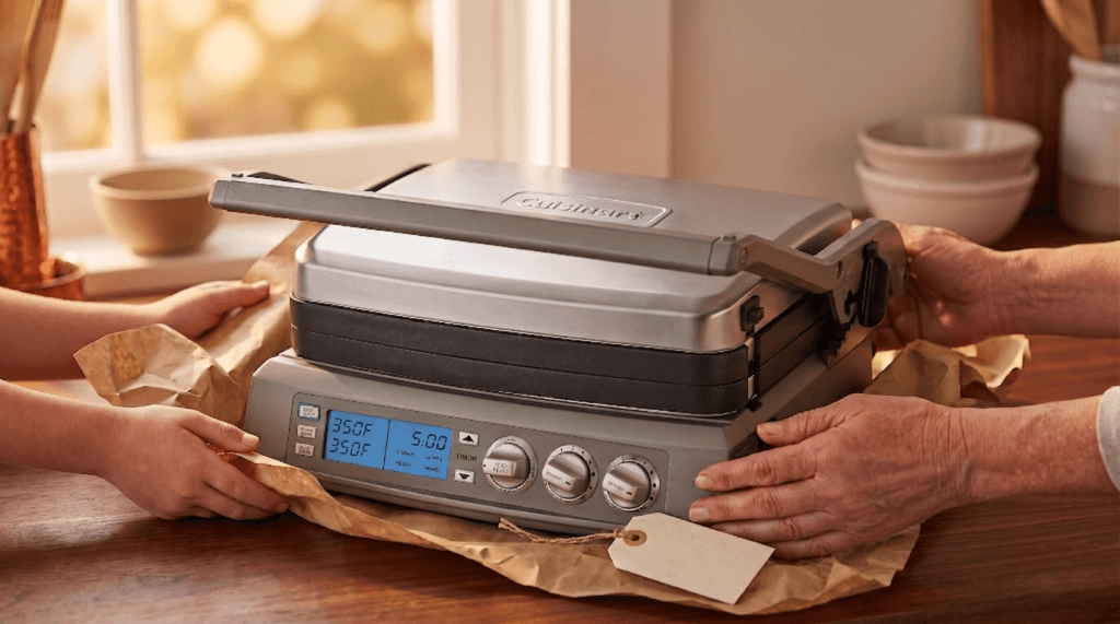 Cuisinart 6-in-1 Elite Griddler being unwrapped from kraft paper by two pairs of hands on a warm kitchen countertop with a blank gift tag nearby.