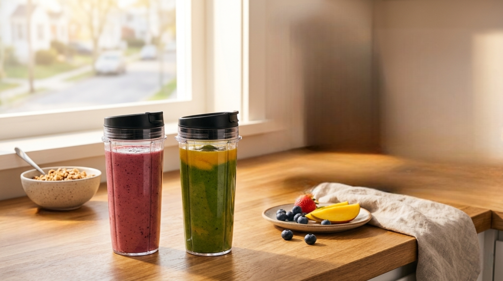 Ninja BL770 to-go cups filled with smoothies, ready for busy mornings