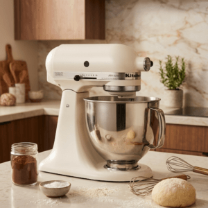 KitchenAid Artisan 5 Qt stand mixer in Milkshake color on a clean kitchen counter
