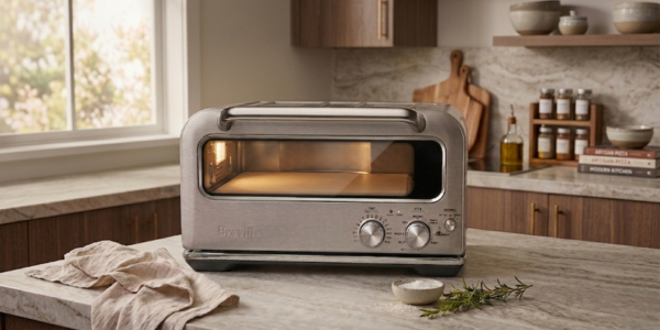 Breville Pizzaiolo BPZ820BSS countertop pizza oven in a modern kitchen setting.