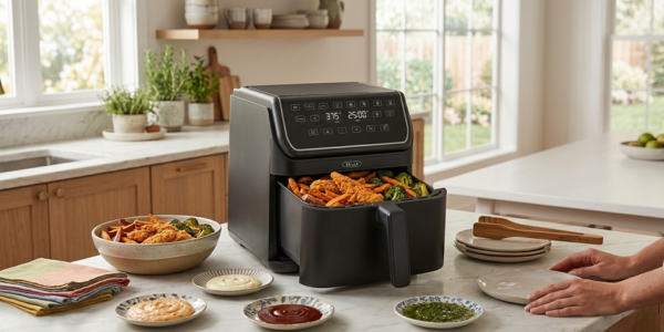 BELLA 8 Qt Digital Air Fryer with TurboCrisp Technology on a kitchen counter ready for family cooking.