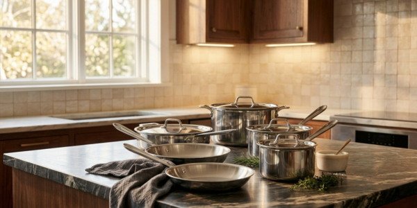 All-Clad D3 10-piece stainless steel cookware set arranged on a kitchen countertop.