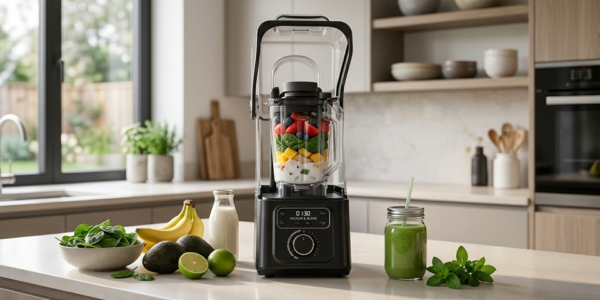 Reslee Professional Vacuum Blender in a modern kitchen setting with smoothie ingredients