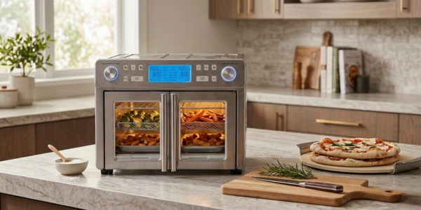 Emeril Lagasse Dual Zone 360 Air Fryer Oven Combo with French Door on a kitchen counter