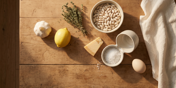 Rustic pantry staples in traditional cuisine — garlic, lemon, thyme, beans, egg, salt on a worn wooden table in soft morning light.