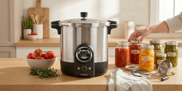 Presto Precise 23-Quart Digital Pressure Canner on a kitchen countertop