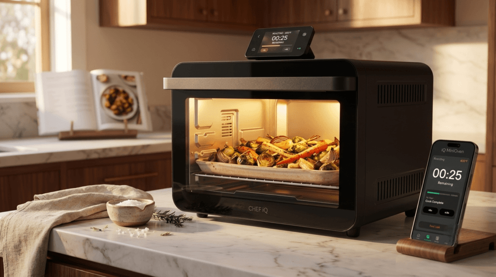 CHEF iQ MiniOven interior lit with roasted vegetables on ceramic tray, edge-to-edge window visible