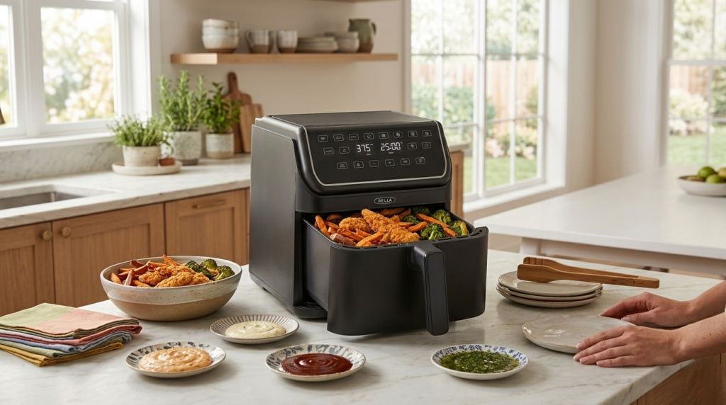 BELLA 8 Qt Digital Air Fryer with TurboCrisp Technology on a kitchen counter ready for family cooking
