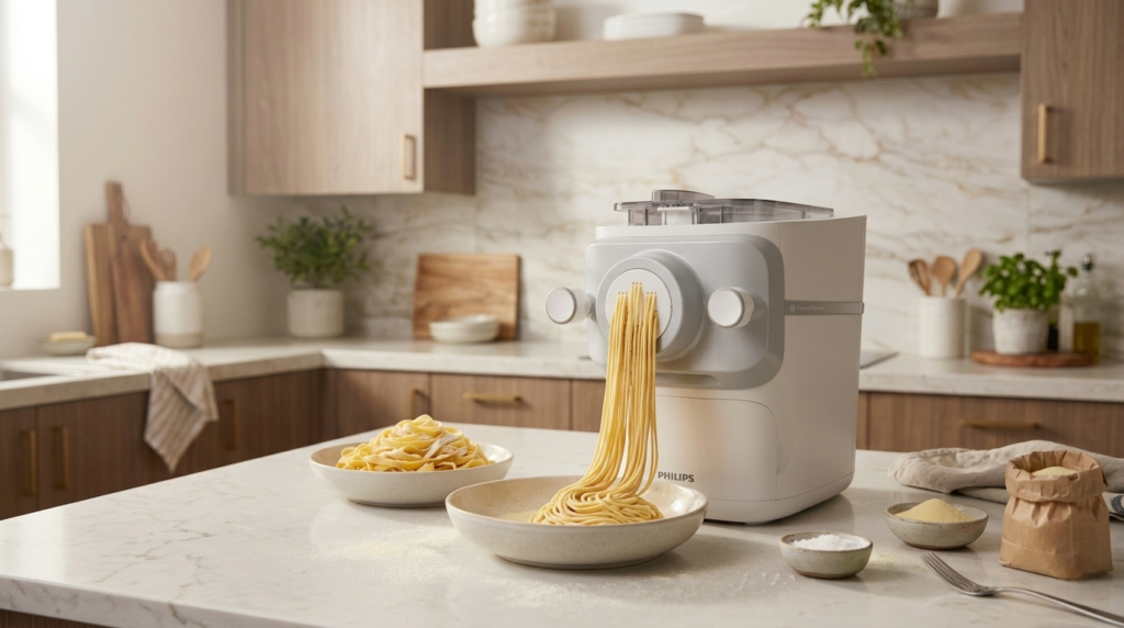Philips HR2660/03 pasta maker in white on a kitchen counter making fresh pasta 