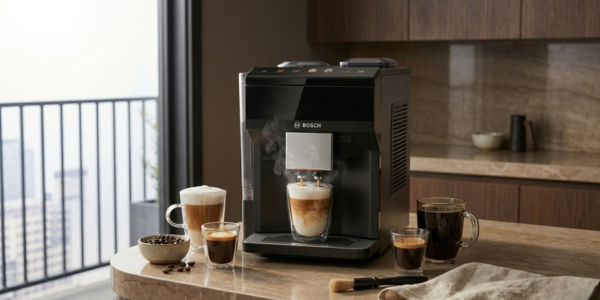 Bosch VeroCafe TPU40109 fully automatic espresso machine on a kitchen countertop brewing a latte macchiato