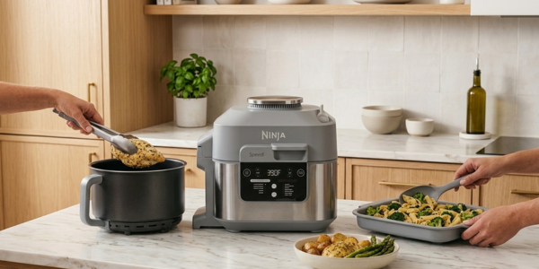 Ninja SF301 Speedi Rapid Cooker and Air Fryer on a kitchen counter in Sea Salt Gray