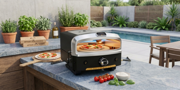 HALO Versa 16 propane pizza oven in outdoor backyard setting