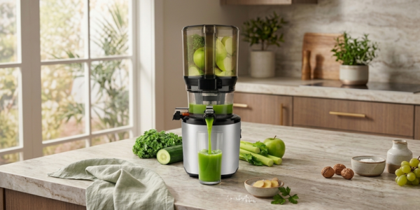 Kuvings AUTO10 cold press juicer in silver on a modern kitchen counter, producing fresh green juice hands-free