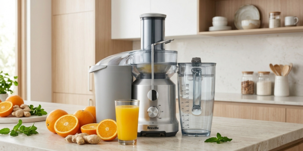 Breville BJE430SIL Juice Fountain Cold juicer on a modern kitchen countertop with fresh produce.