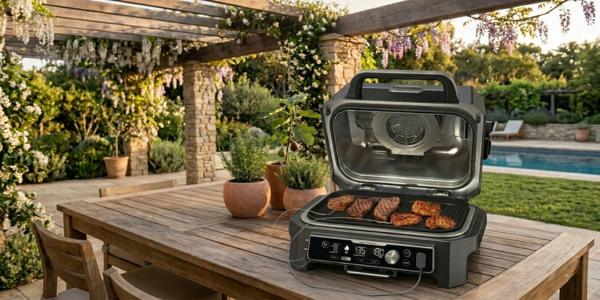 Ninja OG951 Woodfire Pro Connect XL outdoor grill and smoker on backyard patio.