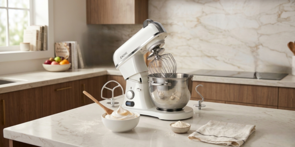 ZACME 8.4QT commercial stand mixer with stainless steel bowl on prep counter.