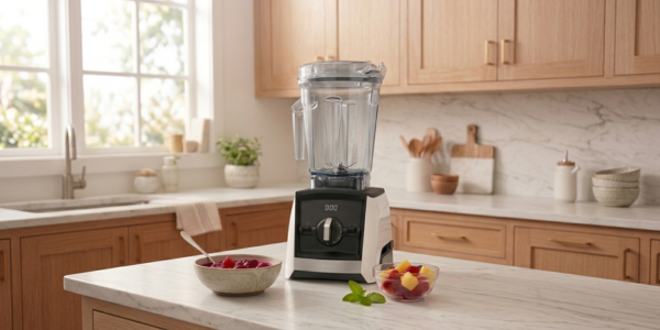 Vitamix A2300 Ascent Series Smart Blender in white on a modern kitchen counter