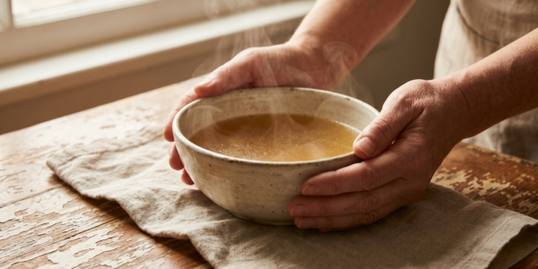 Food and memory psychology — steaming broth in ceramic bowl on a worn kitchen table, morning light, hands cradling warmth