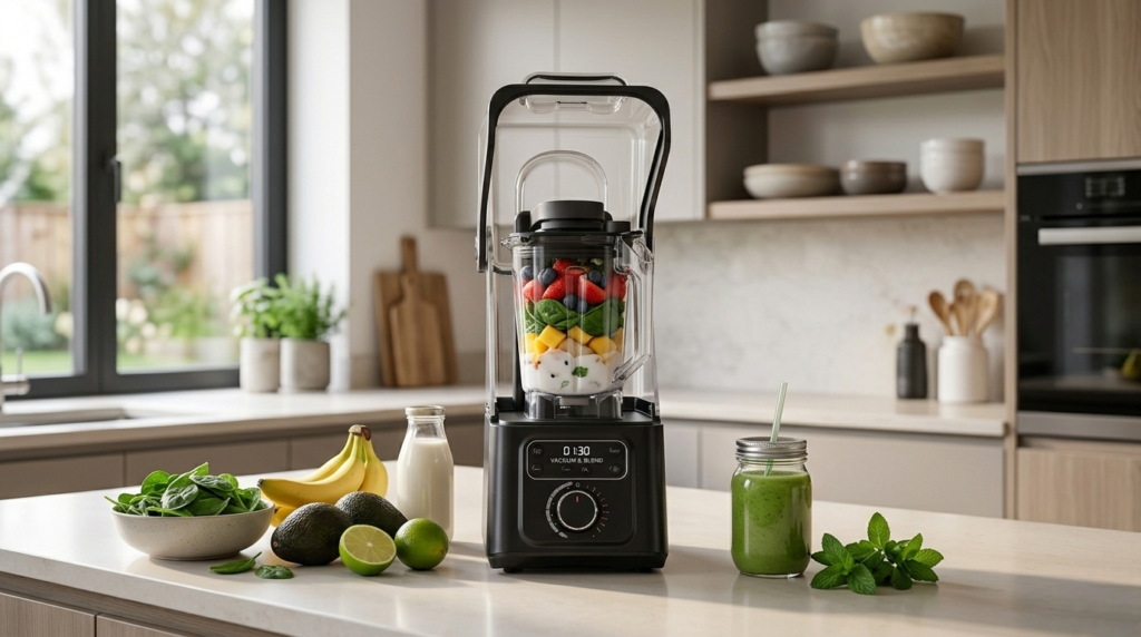 Reslee Professional Vacuum Blender in a modern kitchen setting with smoothie ingredients