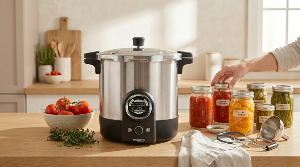 Presto Precise 23-Quart Digital Pressure Canner on a kitchen countertop