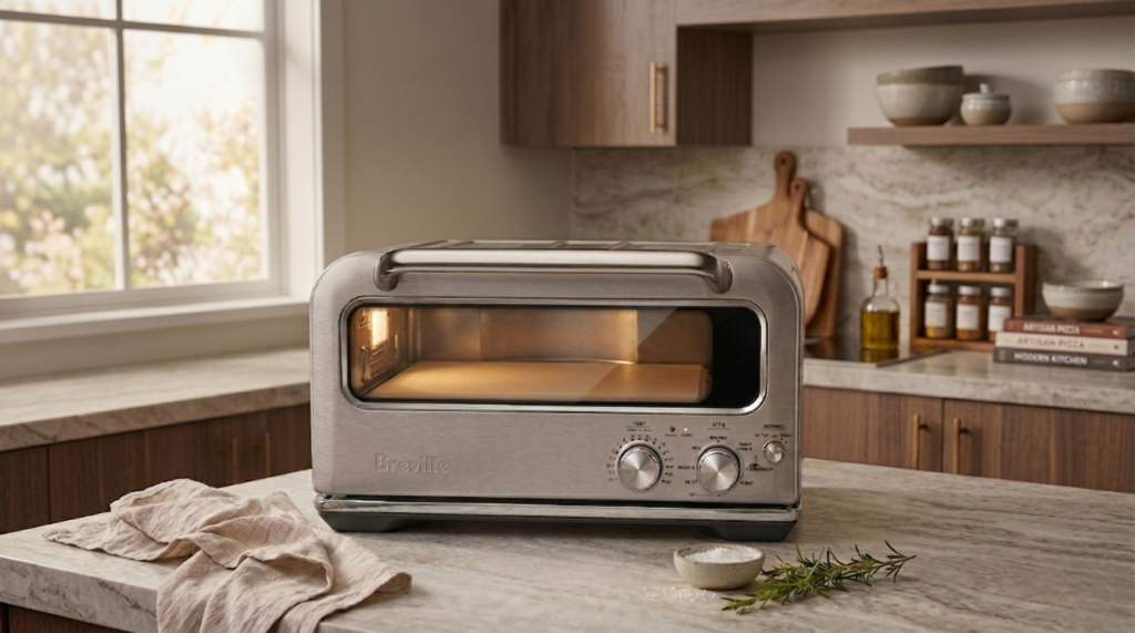 Breville Pizzaiolo BPZ820BSS countertop pizza oven in a modern kitchen setting