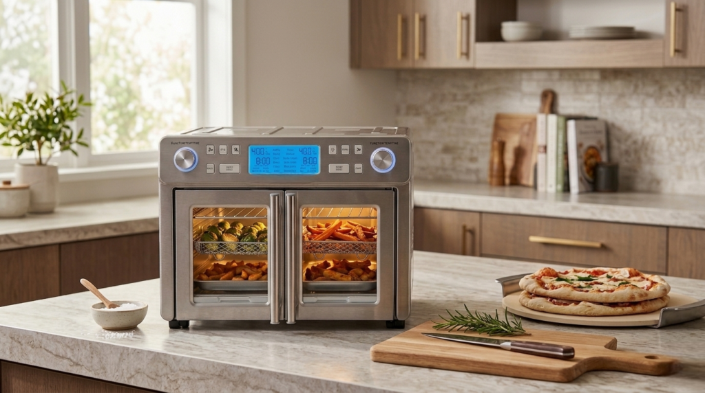 Emeril Lagasse Dual Zone 360 Air Fryer Oven Combo with French Door on a kitchen counter