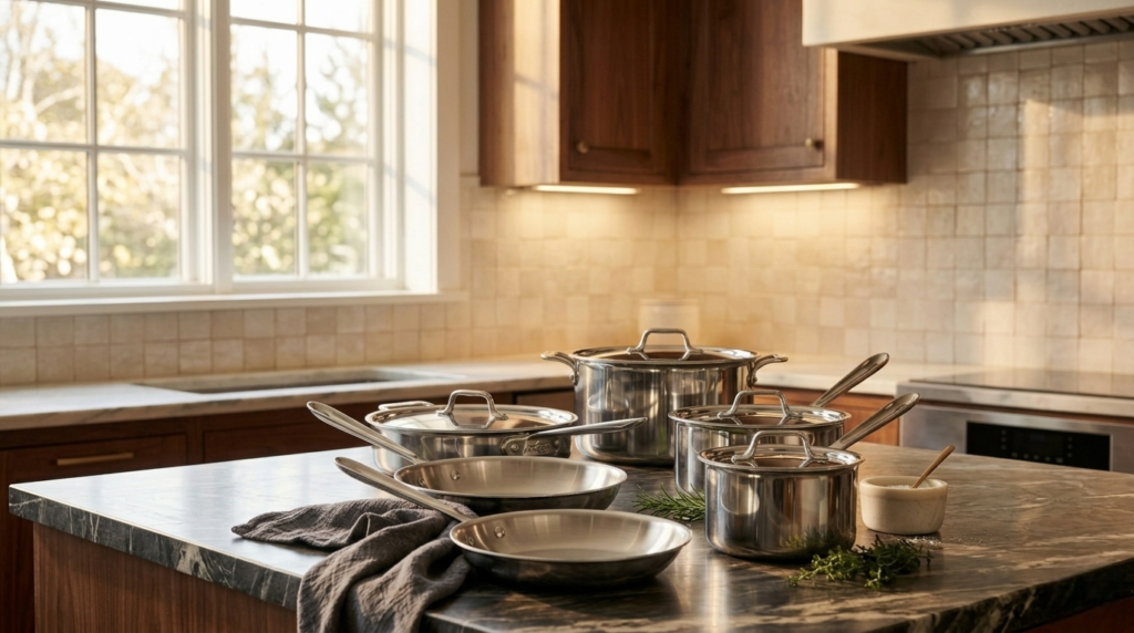 All-Clad D3 10-piece stainless steel cookware set arranged on a kitchen countertop