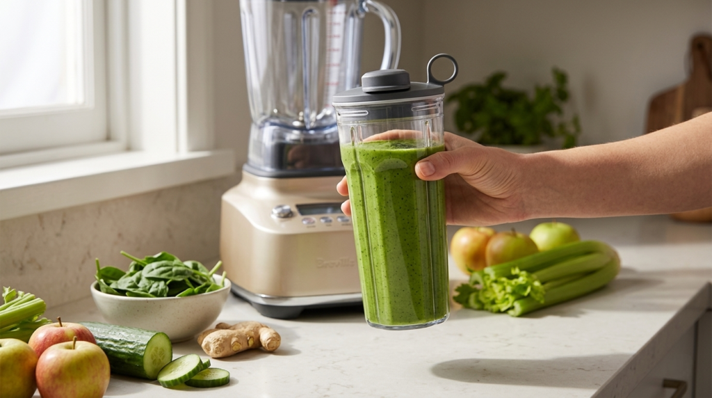 Freshly blended green smoothie in the Breville Super Q personal cup, ready to go