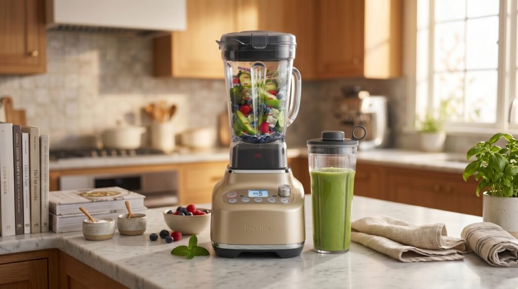 Breville Super Q personal blending cup next to the full-size jug