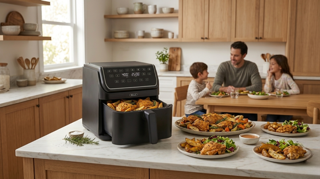 BELLA 8 Qt Air Fryer with freshly cooked meal prepared for family dinner