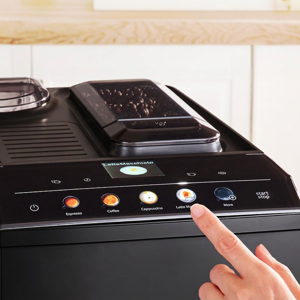 Close-up of Bosch VeroCafe ceramic grinder and one-touch TFT display panel