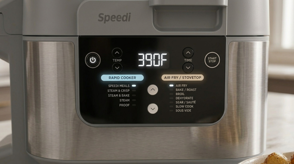 Close-up of the Ninja SF301 Speedi digital control panel showing Rapid Cooker and Air Fry modes