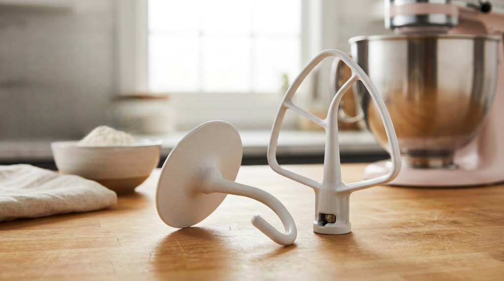 Close-up of KitchenAid Artisan dough hook and flat beater attachments