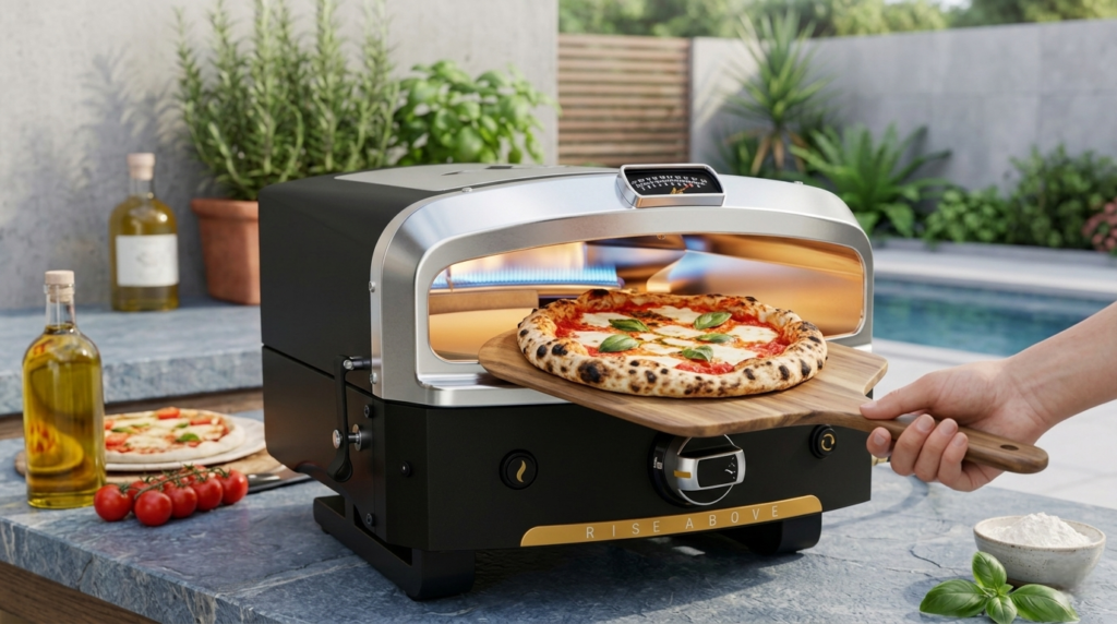 Perfectly cooked Neapolitan pizza with charred crust being removed from HALO Versa 16
