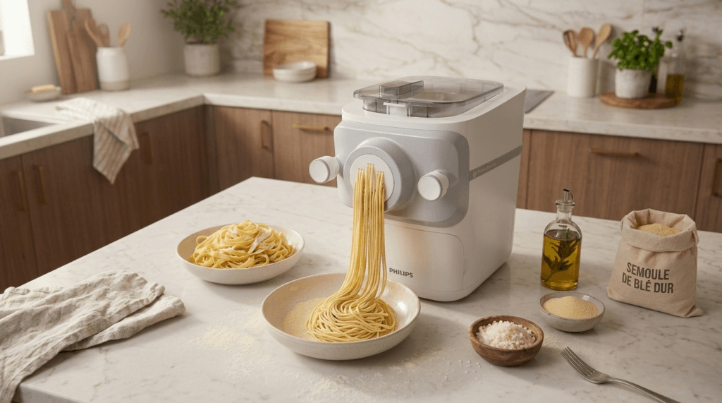 Philips HR2660/03 pasta maker in white on a kitchen counter making fresh pasta