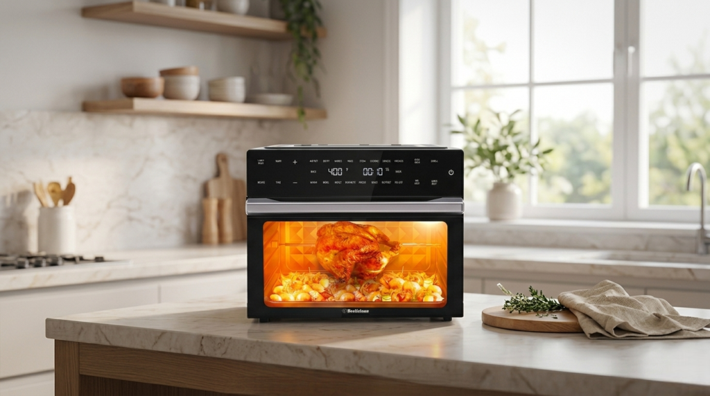 Rotisserie chicken spinning inside Beelicious 32QT air fryer oven with golden crispy skin