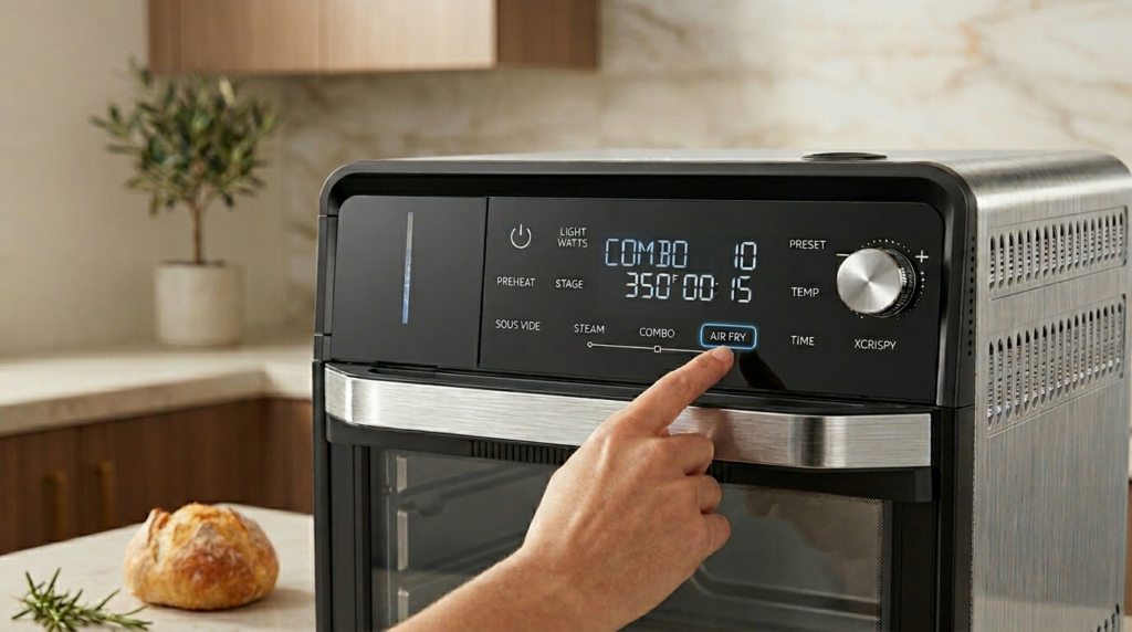 Close-up of the Nuwave Combi Steam Oven LED control panel showing cooking mode selection