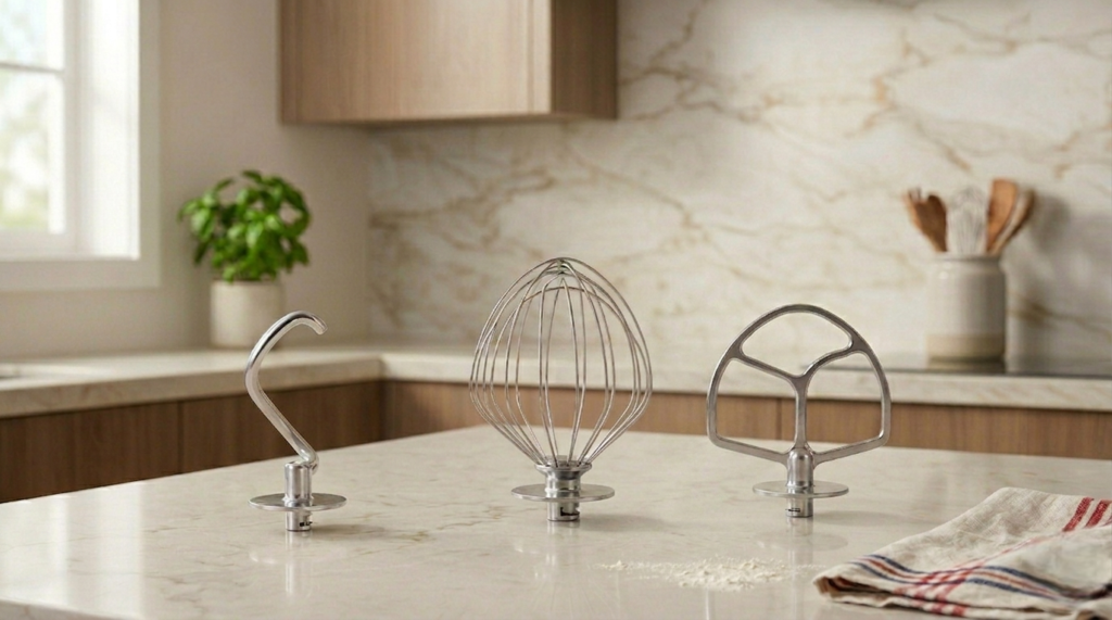 Close-up of ZACME stand mixer dough hook, whisk, and beater attachments.