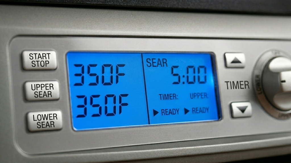 LCD screen and sear function button on the Cuisinart Elite Griddler GR-300NAS