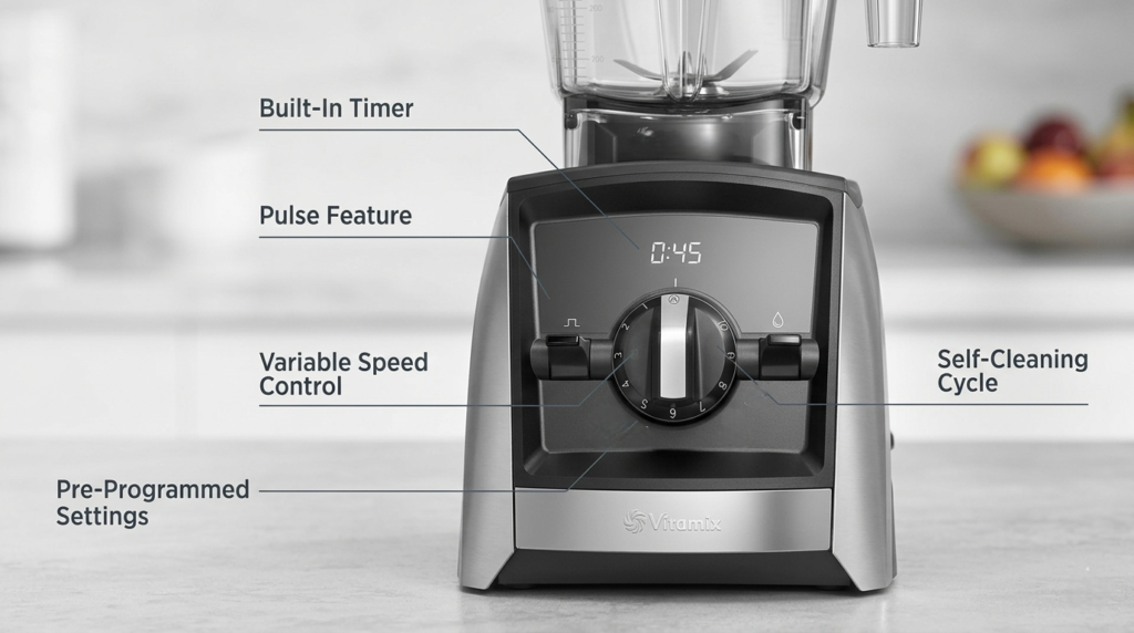 Vitamix A2300 variable speed dial and SELF-DETECT smart technology detail