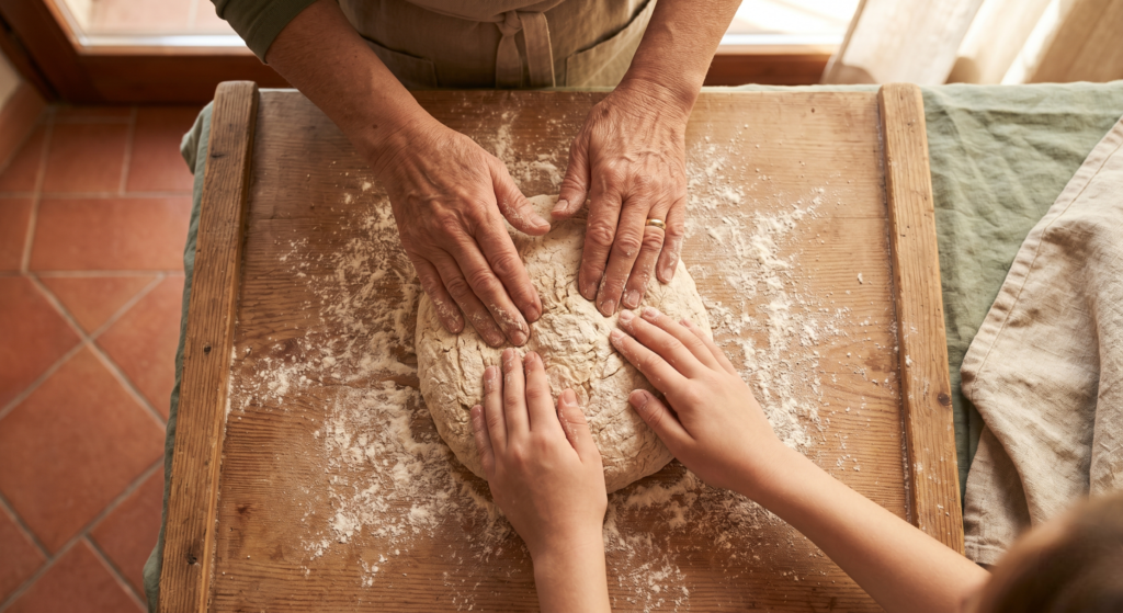Proust phenomenon cooking — two generations of hands shaping dough on floured board, warm afternoon light, sage and linen palette