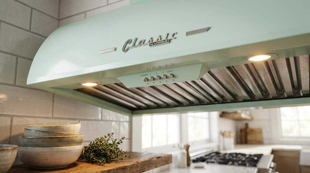 Retro range hood fan speed controls and LED lights detail on Unique Appliances model