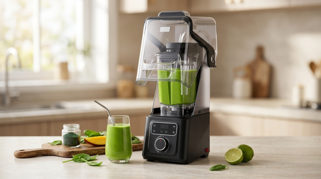 Freshly blended green smoothie with Reslee vacuum blender