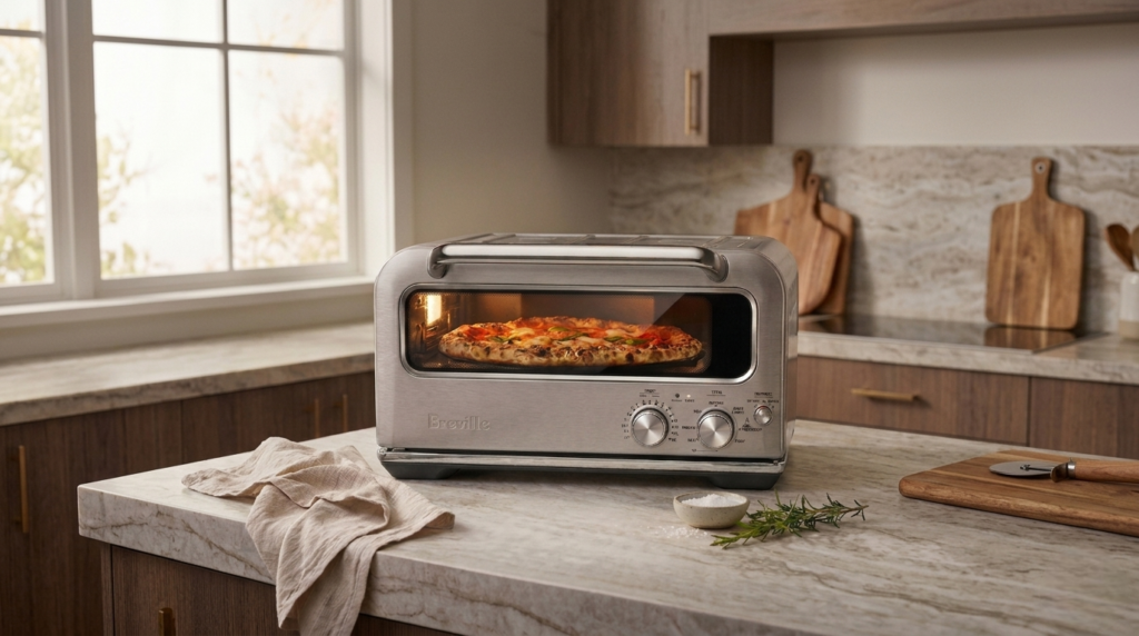 Freshly baked Neapolitan pizza with leopard-spotted crust made in the Breville Pizzaiolo home pizza oven