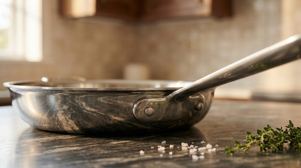 Close-up of All-Clad D3 tri-ply stainless steel construction and riveted handle detail