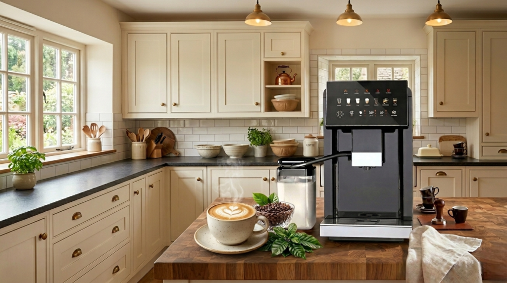 A freshly brewed cappuccino in a ceramic cup next to the Kndko machine